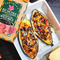 Baklažanų laiveliai su vištienos ir ryžių įdaru