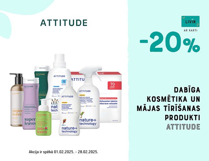 20% atlaide kosmētikai un mājas kopšanas līdzekļiem „Attitude” | Akcija