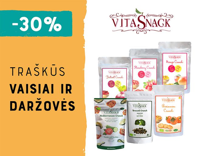 -30% traškiems džiovintiems vaisiams ir daržovėms „VitaSnack“ | Akcija