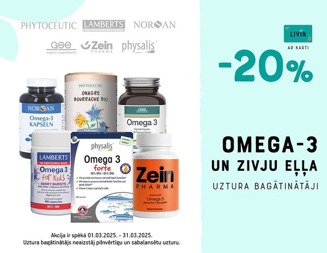 -20% zivju eļļai un citiem uztura bagātinātājiem ar Omega-3 | Akcija