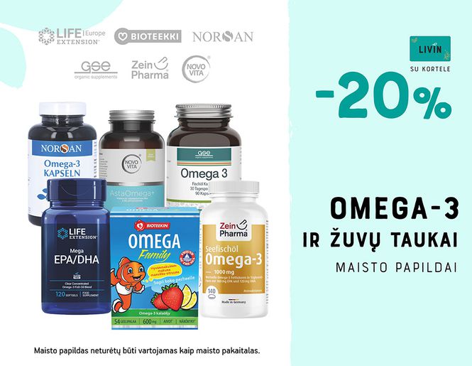 -20% žuvų taukams ir kitiems maisto papildams su Omega-3 | Akcija